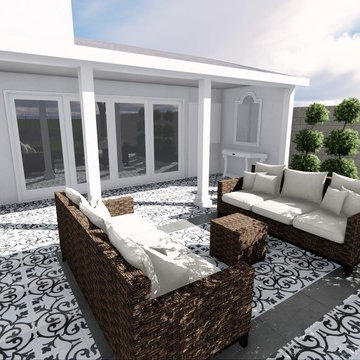 High-End Patio Covers with a Fireplace and Tile Flooring