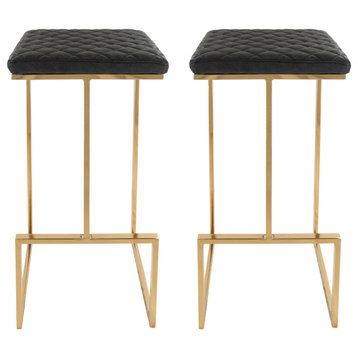 LeisureMod Quincy Leather Bar Stools With Gold Frame Set of 2, Charcoal Black