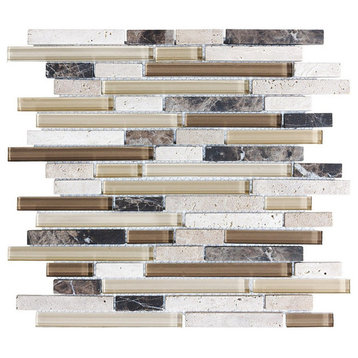 Bliss Cappuccino Stone and Glass Linear Mosaic Tile, 12"x12" Sheet