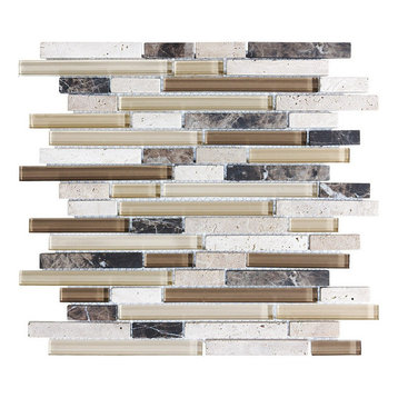 Bliss Cappuccino Stone and Glass Linear Mosaic Tile, 12"x12" Sheet