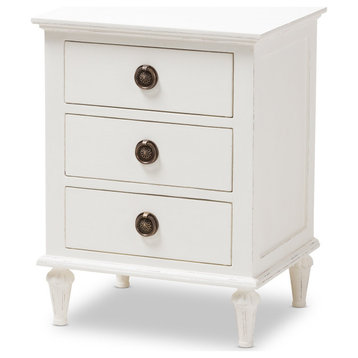 French Inspired Nightstand, 3 Drawers With Bronze Plated Hardware, Whitewashed