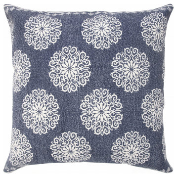 20" X 20" Dark Blue And White 100% Cotton Floral Zippered Pillow