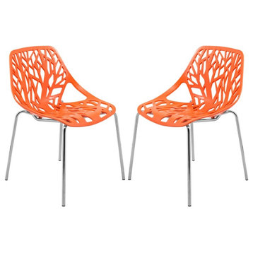 LeisureMod Modern Asbury Dining Side Chair With Chromed Legs in Orange Set of 2