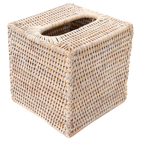 Artifacts Rattan Column Tissue Box Cover, White Wash