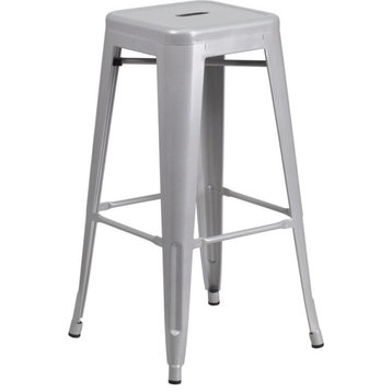 30" High Backless Silver Metal Indoor-Outdoor Barstool With Square Seat