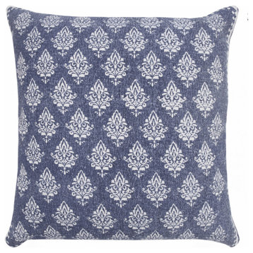 20" X 20" Vintage Indigo Blue And White 100% Cotton Geometric Zippered Pillow
