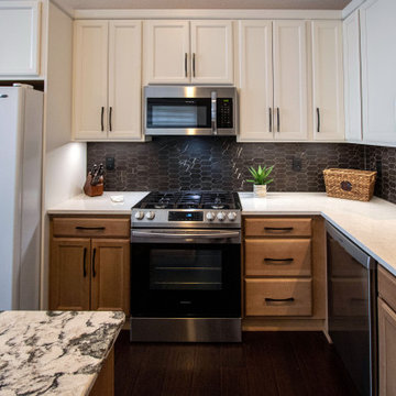 Two-one Wood and White Kitchen with Multi Colored Quartz Countertops