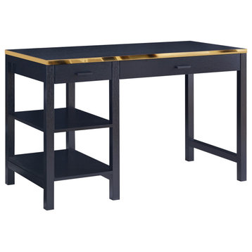 Benzara BM226198 2 Drawer Rectangular Desk With 2 Open Shelves, Black and Gold