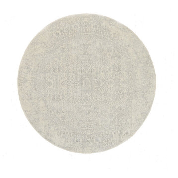 Fine Jacquard Silver Gray Hand Loomed Wool and Silk Round Rug, 6'0" x 6'1"