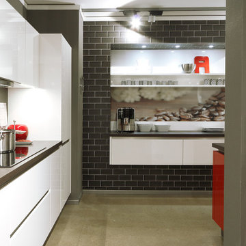 kitchen with a red island