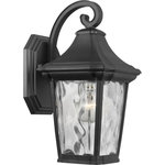 Progress Lighting - Marquette Collection 1-Light Small Wall Lantern with DURASHIELD - This wall lantern is a go-to choice when incorporating classic silhouettes with a farmhouse flair into your home decor vision. The traditional frame is constructed with non-metallic, corrosion-resistant composite polymer in a classic black finish. A beautiful water glass shade adds charming character to the timeless design. DURASHIELD by Progress Lighting is built to last. Constructed from a composite material with UV protection, DURASHIELD holds up even in the harshest weather conditions. This high-performance finish has a 5-year warranty and is resistant to rust, corrosion, and fading.