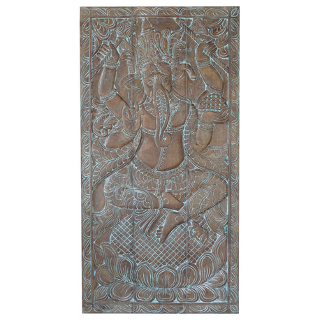 Consigned Vintage Carved Wood Ganesha on Lotus Wall Art Custom Barn Door