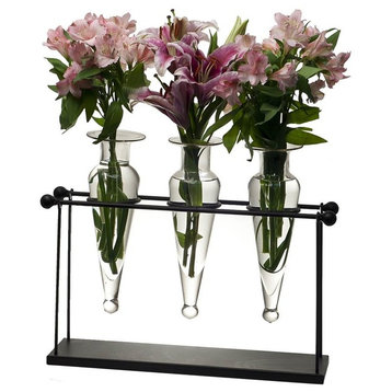 Triple Amphorae on Iron Stand With Finials Vases, Clear