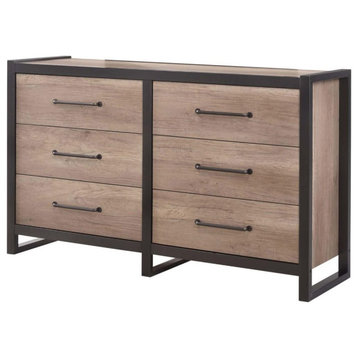 Industrial Double Dresser, 6 Storage Drawers & Metal Pull Handles, Weathered Oak
