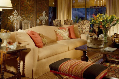 Large southwest formal and enclosed carpeted living room photo in Phoenix with beige walls, no fireplace and no tv
