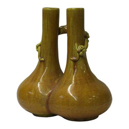 Handmade Chinese Ceramic Distressed Yellow Dragon Motif Vase - Vases