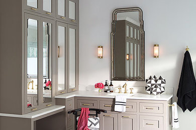 Mid-sized transitional master white tile, gray tile and stone tile marble floor bathroom photo in Houston with shaker cabinets, beige cabinets, white walls, an integrated sink and solid surface countertops