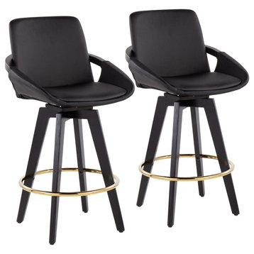Cosmo Swivel Fixed-Height Counter Stool, Set of 2, Black/Gold/Black PU