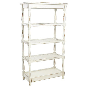 Farmhouse Bookcase, Carved Spindle Support & Mesh Shelves, Distressed White