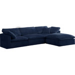 Meridian Furniture - Cozy Velvet Upholstered Comfort L-Shaped Modular Sectional, Navy, 4-Piece: 1 Armless Chair, 2 Corner Chair, 1 Ottoman - Bring home this Cozy 4-piece sectional for a fresh new look. Embrace casual elegance with this Cozy velvet cloud-like comfort modular fiber-filled seating option. Handsome from all angles, this piece features soft navy velvet upholstery to make it an easy fit in any room. This modular piece can be combined with other items in the Cozy collection to create a seating group of your dreams. The cushions on this piece are exceptionally comfortableand filled with fiber for luxury that you deserve as you rest and relax.