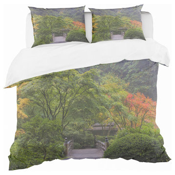 Foggy Dawn in Japanese Garden Bohemian and Eclectic Duvet Cover, Twin