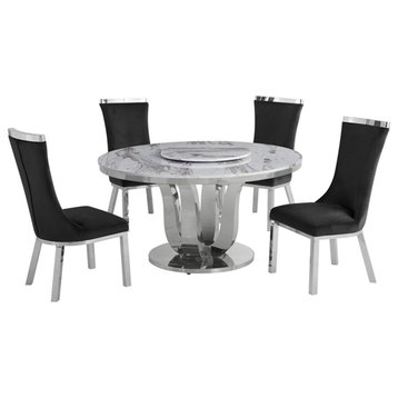 Round White Marble 5pc Dining Set with Silver Stainless Steel and 4 Chairs