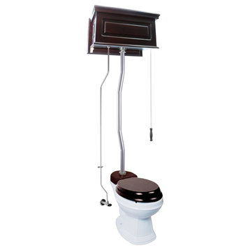 Dark Oak High Tank Pull Chain Toilets with Elongated & White Bowl & Satin Z Pipe