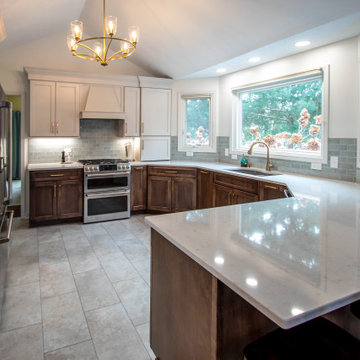 Two Tone Kitchen with Wood & Irish Creme Painted Cabinets w/ Quartz Countertop