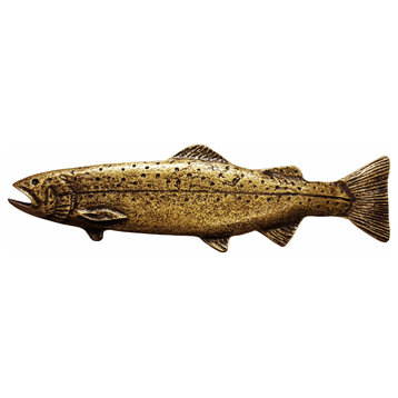 New Long Trout Left Face Cabinet Pull, Antique Brass