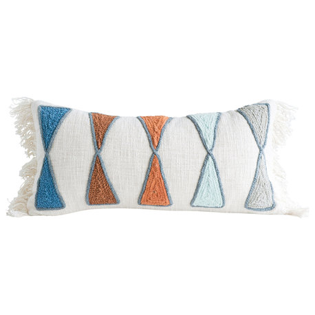 Multicolor Rectangle Cotton Pillow With Embroidery/Fringe