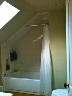 help, I don't know how to do a shower curtain on my attic bath, the wall is  slanted. This bath is used primarily by my grandkids when they come to  vis......