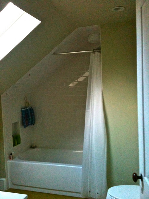 Shower Curtain On My Attic Bath, Shower Curtain Rod For Slanted Ceiling