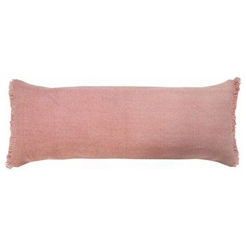Light Pink Solid Stonewash Throw Pillow With Fringe, 14" X 36"