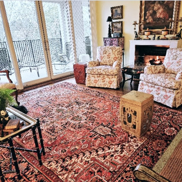 Living room design charmed with vintage Heriz Persian Rug!