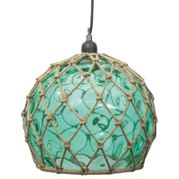 Fishing Float Pendant Light Chandelier 12 in Round Ball Rope Coastal Rustic, Green