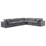 Meridian Furniture - Comfy Upholstered L-Shaped Modular Sectional, Grey, 6-Piece: 3 Armless Chair, 3 Corner Chair, Velvet - Give your space a whole new look with this grey Comfy velvet sectional. This handsome sectional fits nicely with other items in the Comfy collection and is a versatile seating option designed for adaptability, comfort and style. Wrapped in rich grey durable velvet upholstery, this sectional offers a plush embrace of overstuffed down feather cushions, carefully crafted to deliver the highest level of comfort. The perfect seat for creating an oasis for relaxation, this sectional has thick foam surrounding its frame for added support and coziness.