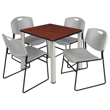 Kee 30" Square Breakroom Table, Cherry/Chrome and 4 Zeng Stack Chairs, Gray