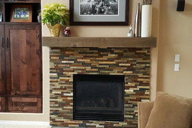 Example of a large transitional look-out carpeted basement design in Denver with beige walls, a standard fireplace and a stone fireplace