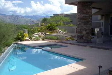 Inspiration for a mid-sized contemporary backyard concrete paver and custom-shaped infinity hot tub remodel in Phoenix