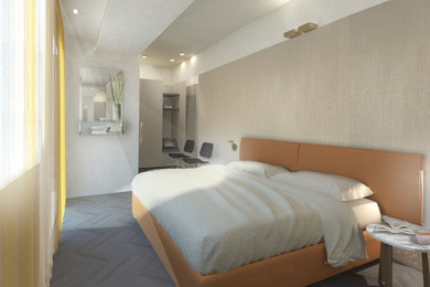 Ispirazione per una camera da letto stile loft design con pavimento in gres porcellanato e pareti in legno