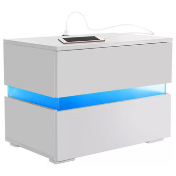 Modern LED Light Nightstand w/2 Drawers with 20 Colors, White