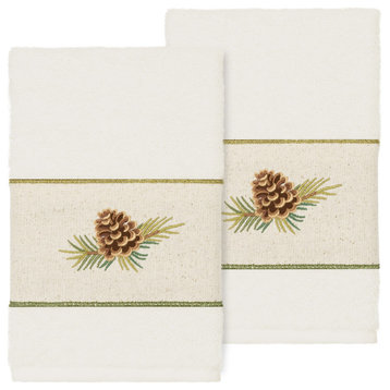 Linum Home Turkish Cotton Pierre 2-Piece Embellished Hand Towel Set, Cream