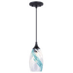 Vaxcel - Milano 4.75" Mini Pendant Caribbean Swirl Glass Oil Rubbed Bronze - Beauty and pizzazz come together in this stunning addition to the Milano art glass collection. Artfully designed with blue and white painterly swirl, this ceiling mount pendant light features an oil rubbed bronze finish. Combine that with a vintage Edison style filament bulb to complete the look. Install this mini pendant individually or in a group; ideal for kitchens, dining areas, or bar areas.