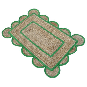 Farmhouse Area Rug, Natural Pure Jute With Scalloped Accents, Green, 5' X 8'