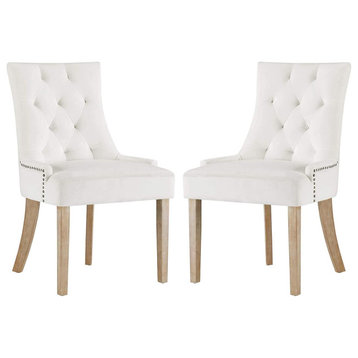 Set of Dining Chair, Soft Velvet Seat With Low Arms & Button Tufted Back, Ivory