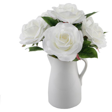 12" H Roses In Ceramic Water Pot,White