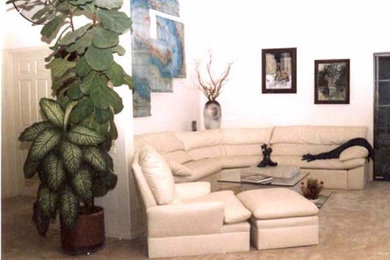 Mid-sized elegant open concept carpeted and beige floor living room photo in Other with white walls