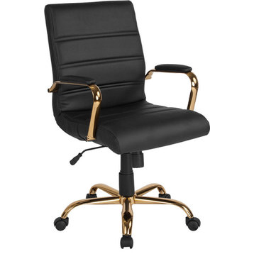 Mid-Back Black Leather Executive Swivel Office Chair With Gold Frame and Arms