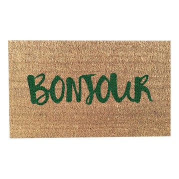 Hand Painted "Bonjour" Welcome Mat, Amazon Dark Green