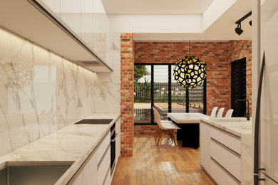 Photo of a mid-sized modern l-shaped open plan kitchen in Brisbane with marble benchtops, medium hardwood floors and with island.